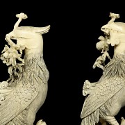 Pair of ivory carvings ‘Phoenix on branch’, early 20th century