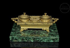 Louis XIV style scribe's desk on malachite, 19th century