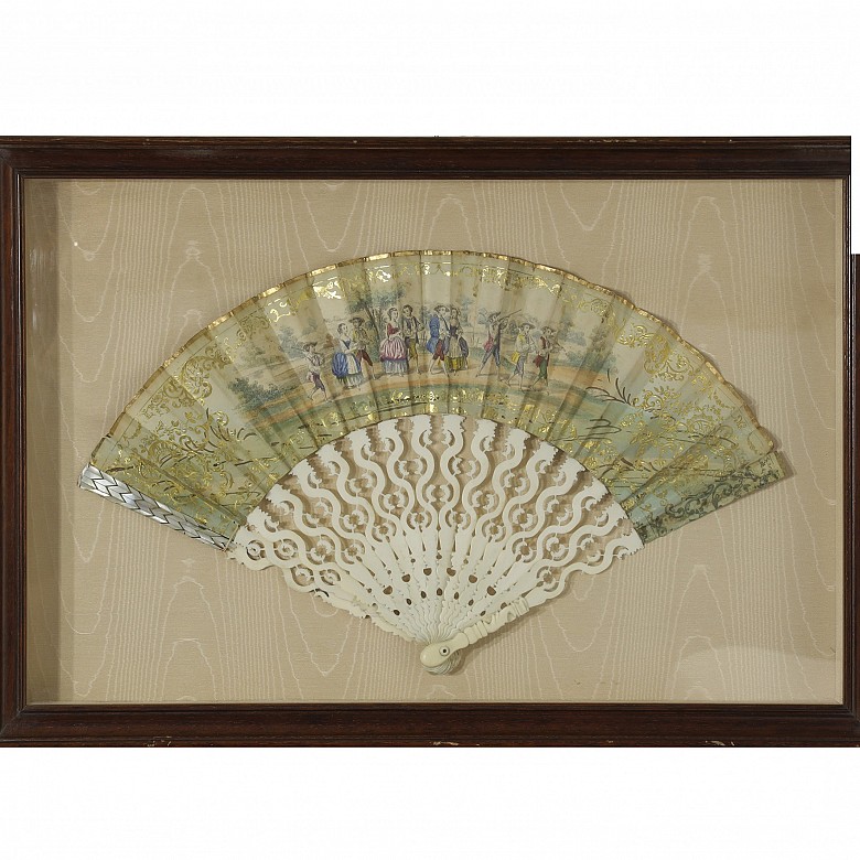 Bone and paper hand fan, with fan holder.