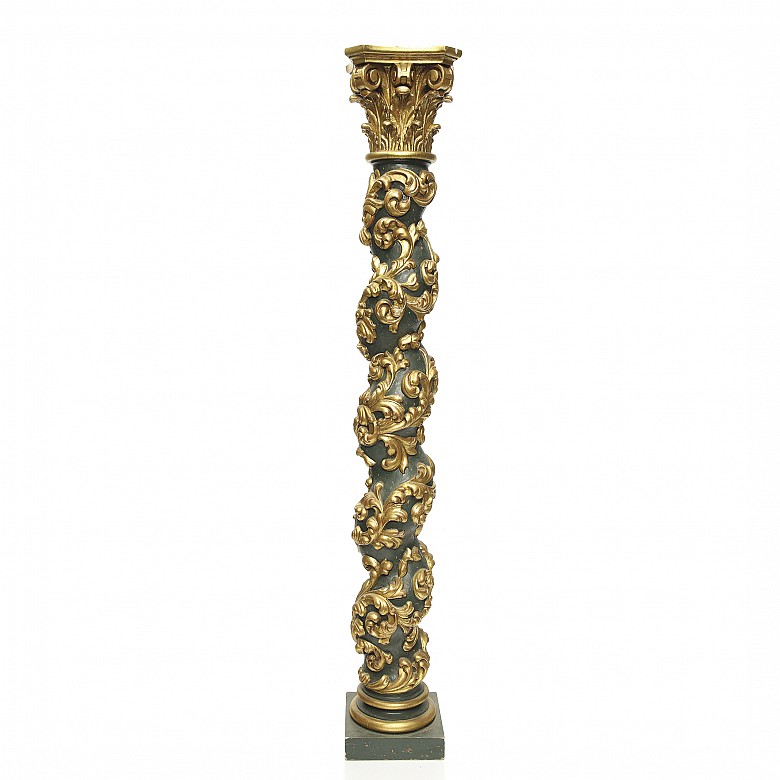 Solomonic carved and polychromed wooden column, 20th century - 1