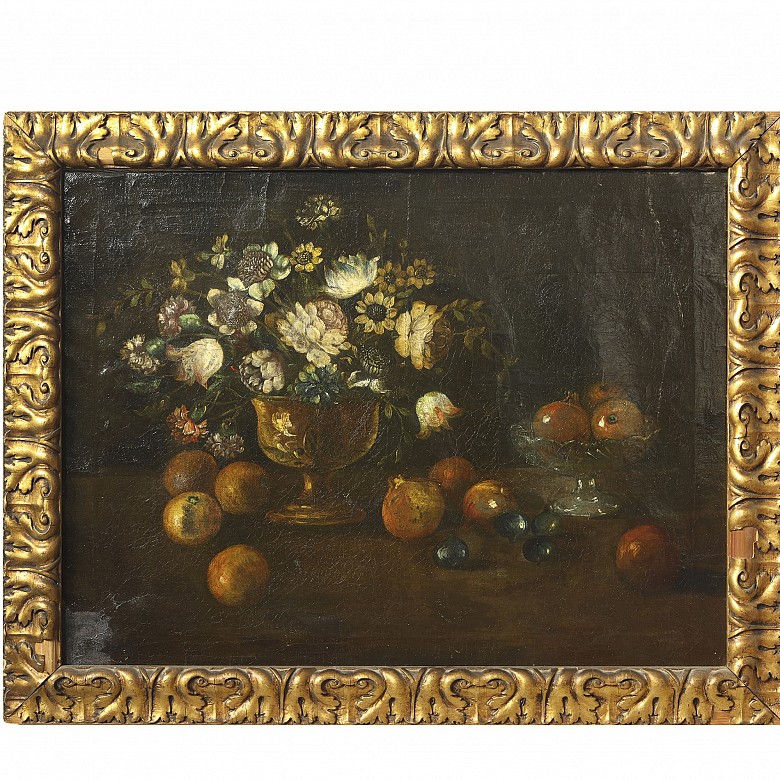 19th century Spanish School ‘Still life with flowers and pomegranates’