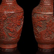 Pair of red lacquer vases, 20th century