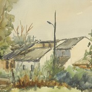 Watercolor (20th century) “Road with houses”