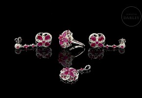 Set of ruby and diamond earrings, ring and pendant