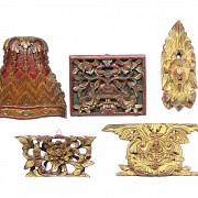 Lot of six decorative carved wooden details, Peranakan, early 20th century