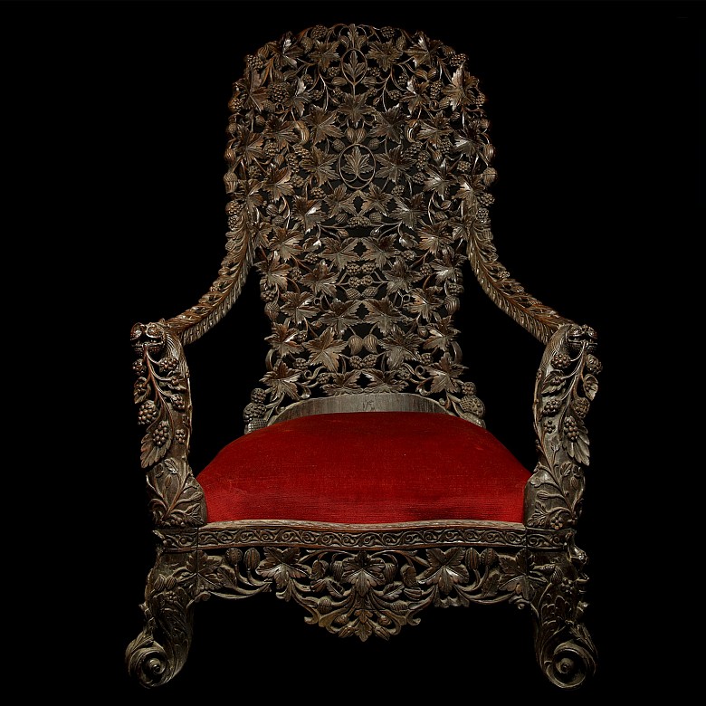 Wooden armchair with velvet seat, China, 20th century