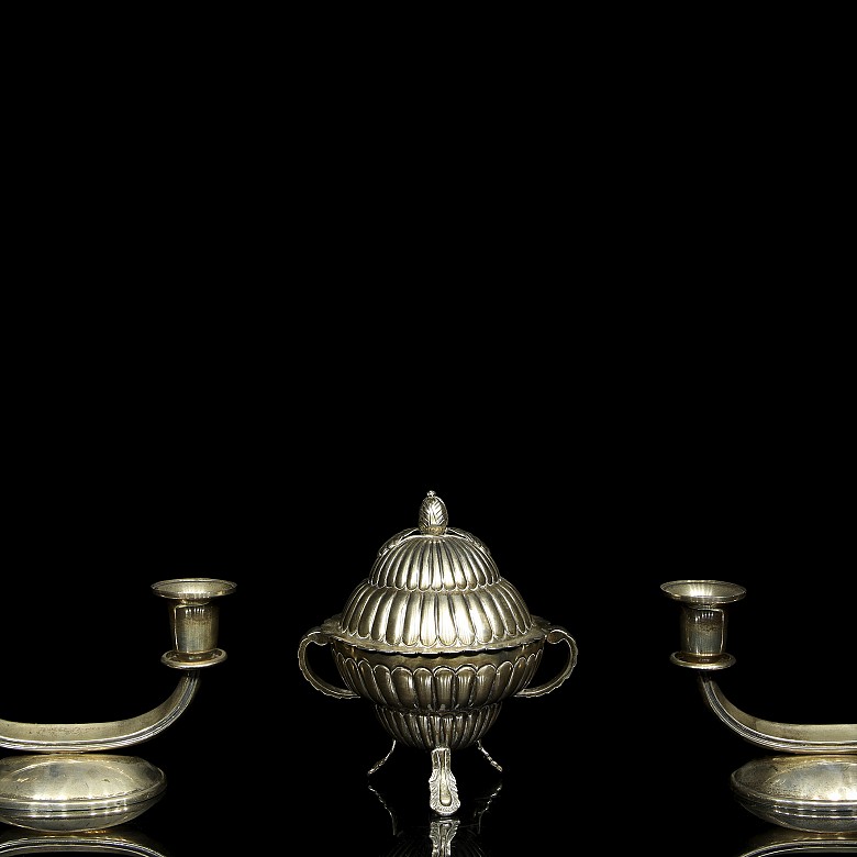 Two candlesticks and a silver vessel, 20th century