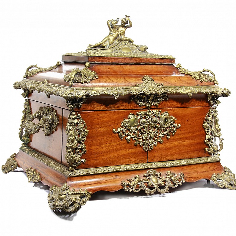 Wooden decanter box with gilt bronze applications, ca.1900.