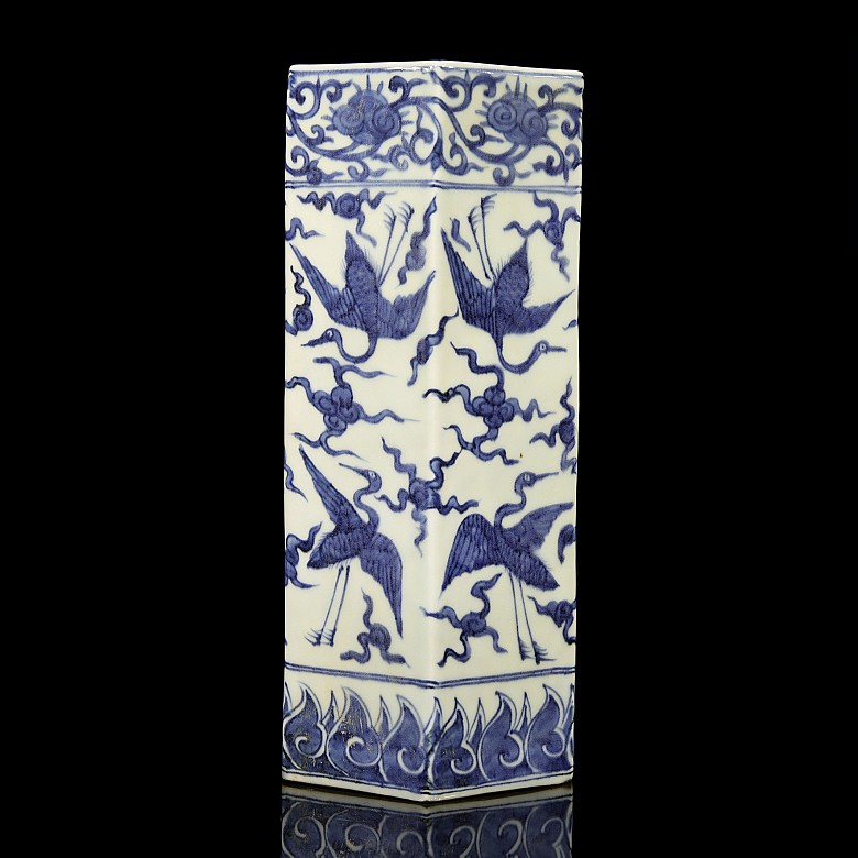 Hexagonal vase, blue and white, 20th century