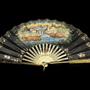 Fan with metal and bone band and paper country, 19th century