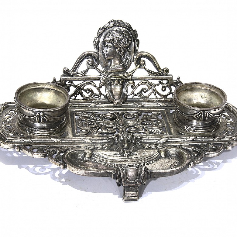 Silver-plated metal inkwell, 19th - 20th century