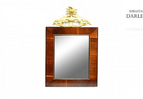 Mirror in veneered wood with carved and gilded crown, mid-20th century