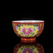 Enamelled bowl with coral background, famille rose, Qing dynasty