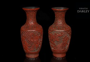 Pair of red lacquer vases, 20th century