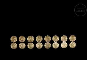 Eight Mexican gold coins ‘Dos pesos’, 1945