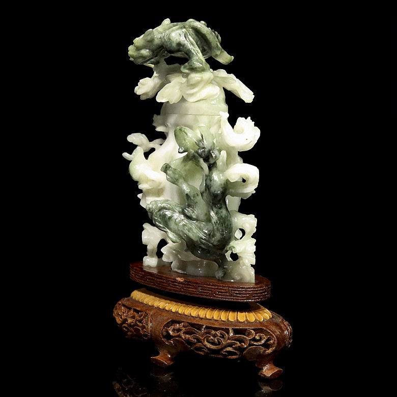 Chinese jade vase with lid and wood pedestal, 20th century