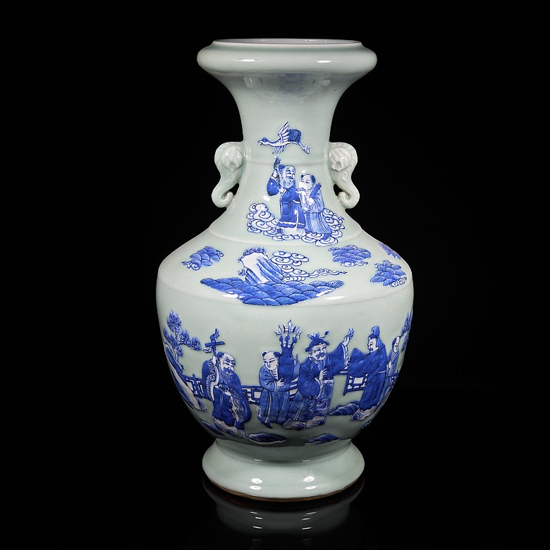 Blue and white vase with celadon background “Nobles and sages”, Qing Dynasty