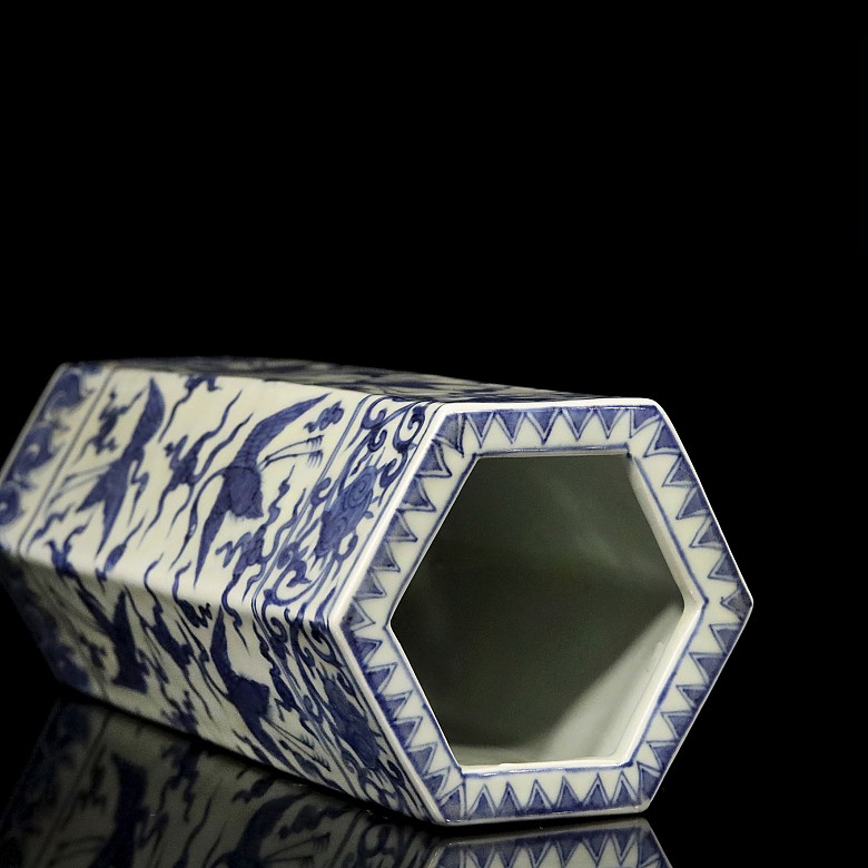 Hexagonal vase, blue and white, 20th century