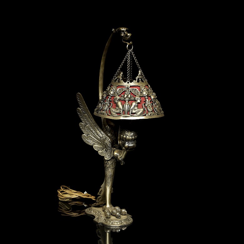 Metal table lamp with reliefs, 20th century