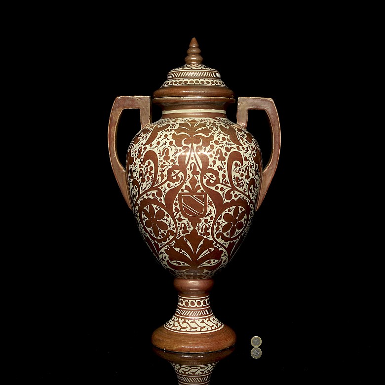 Large vase with porcelain handles and metallic lustre, 20th century