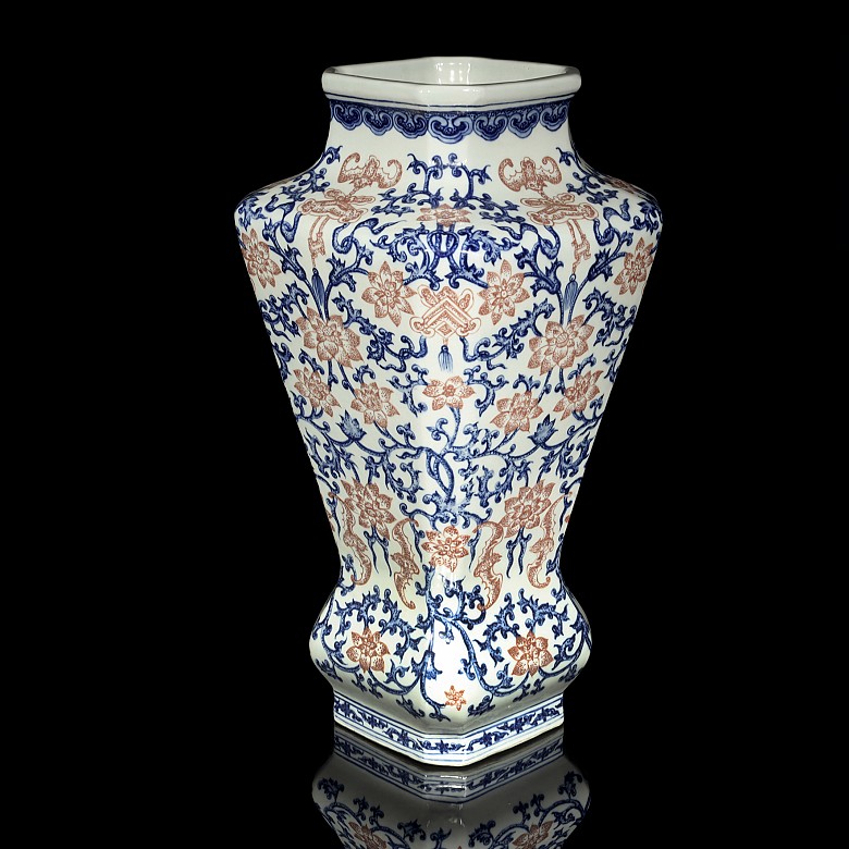 Square vase in blue, red and white, 20th century