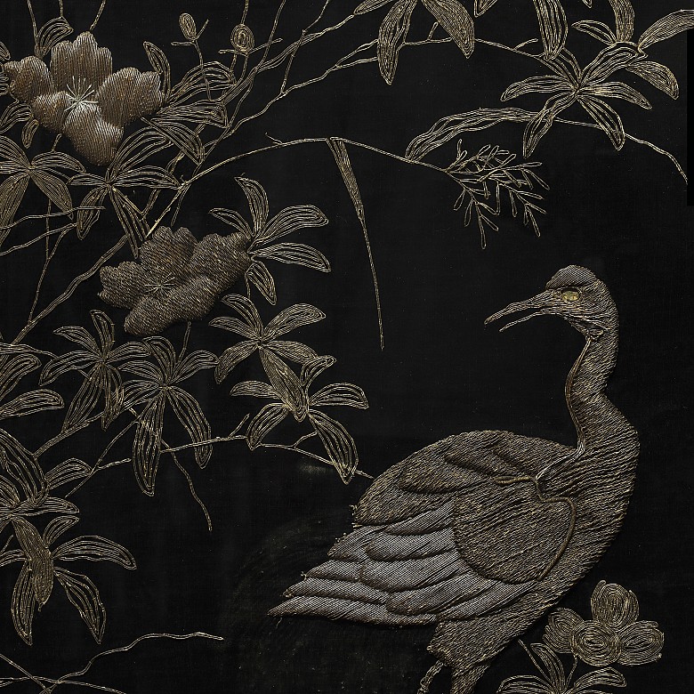 Pair of large embroidered silk fabrics, 20th century