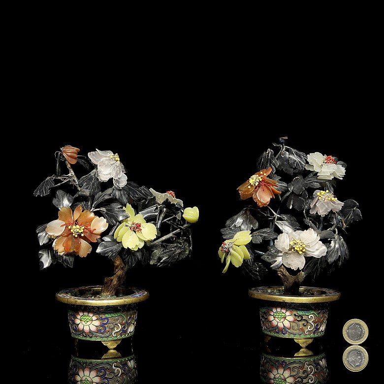 Pair of flowerpots with stone bonsai trees, 20th century