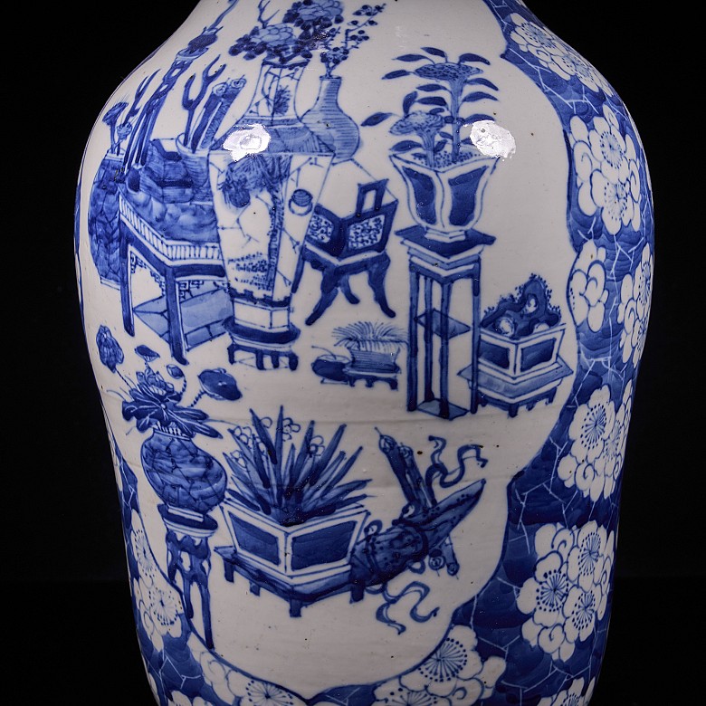 Pair of blue and white ‘Scenes and Plum Blossom’ vases, Qing Dynasty