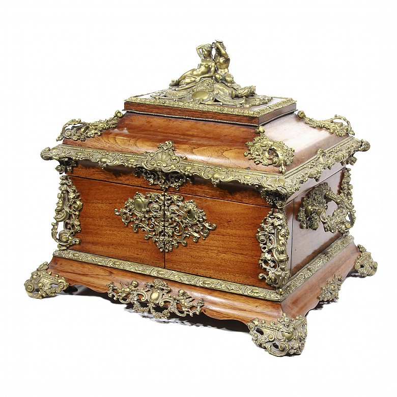 Wooden decanter box with gilt bronze applications, ca.1900.