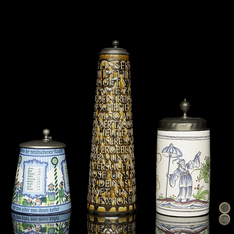 Three enamelled beer steins, 20th century