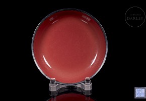 Red glazed porcelain dish with silver applications, Qing dynasty