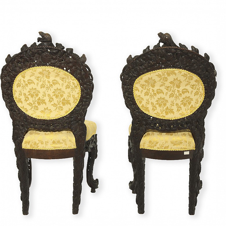 Pair of Thai carved wooden chairs, carved wood, 19th century