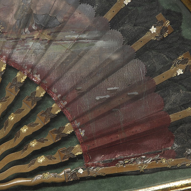 Wooden fan with wooden rods ‘Scene’, 20th century