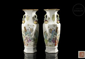 Pair of ‘Scene’ pink family vases, Qing dynasty