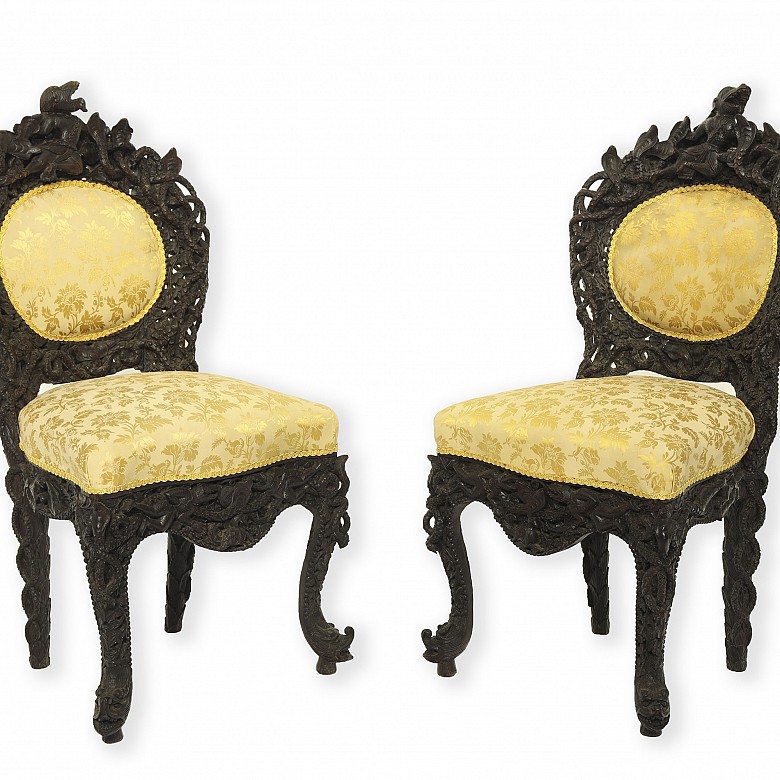 Pair of Thai carved wooden chairs, carved wood, 19th century