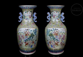 Pair of large enamelled ‘Celebration’ famille rose vases, Qing dynasty