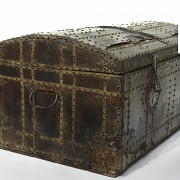 A wood and leather trunk, 18th century