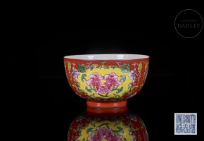 Enamelled bowl with coral background, famille rose, Qing dynasty