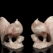 Pair of carved quartz roosters, China.