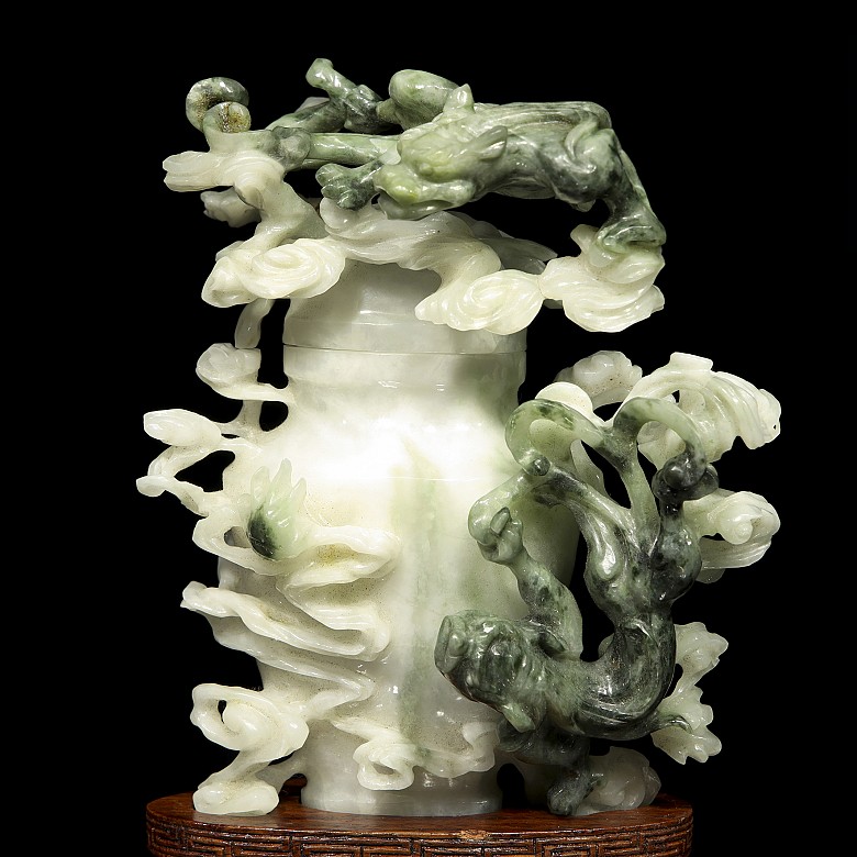 Chinese jade vase with lid and wood pedestal, 20th century