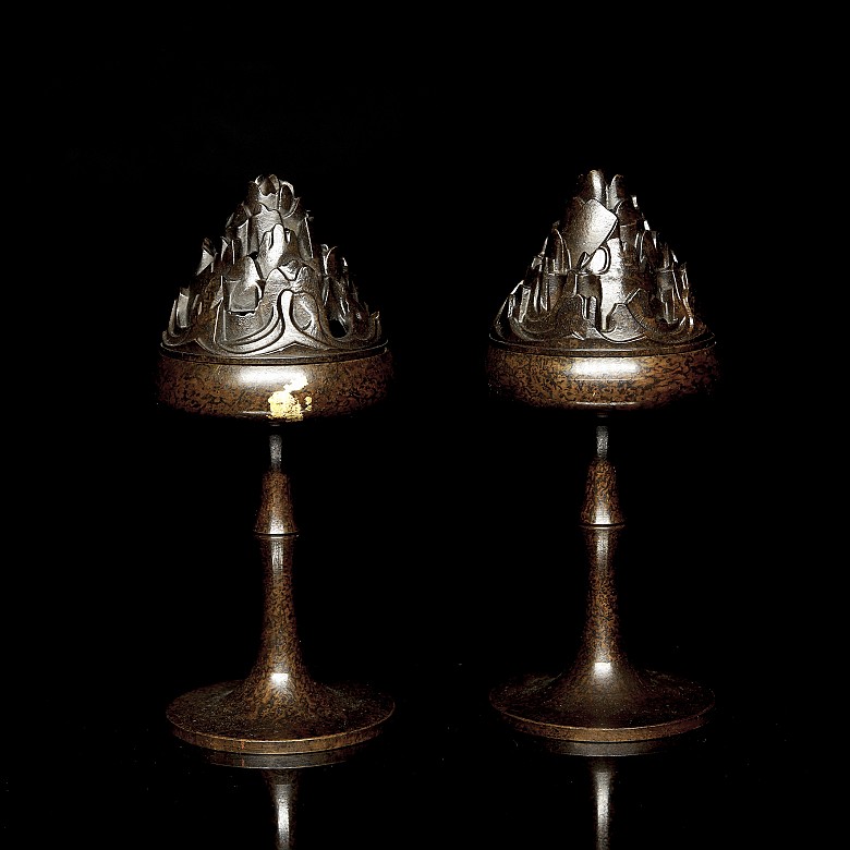 Pair of bronze ‘Mountain’ incense burners, Qianlong mark