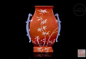 Zun vase with dragon's ears ‘Bamboo and cherry’, with Qianlong seal