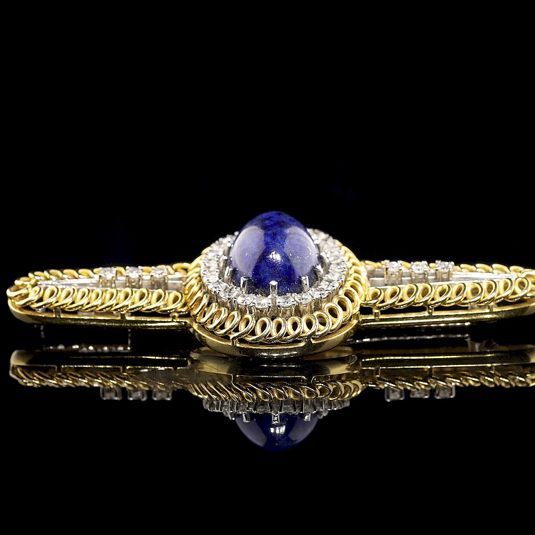 Yellow and white gold brooch with diamonds and lapis lazuli