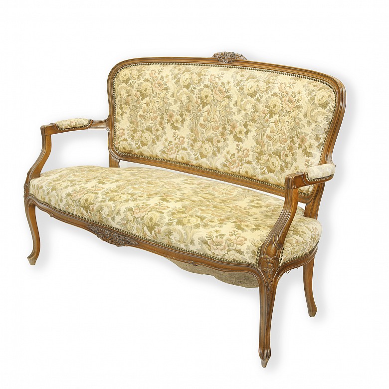 Set of wooden sofa and chairs with floral upholstery, 20th century