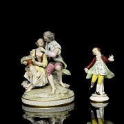 Two enamelled porcelain figurines ‘Lovers and Child’, 20th century