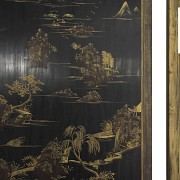 Pair of lacquered wood panels with jade, Qing dynasty.