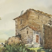 Watercolor (20th century) “Country landscape with house”