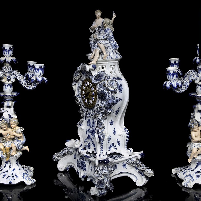 Clock set with two candelabras and pedestal, Meissen, 19th - 20th centuries