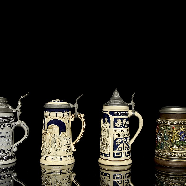 Four German beer steins ‘’Scenes‘’, 20th century