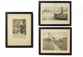 Three Engravings ‘City, port and countryside’, early 20th century